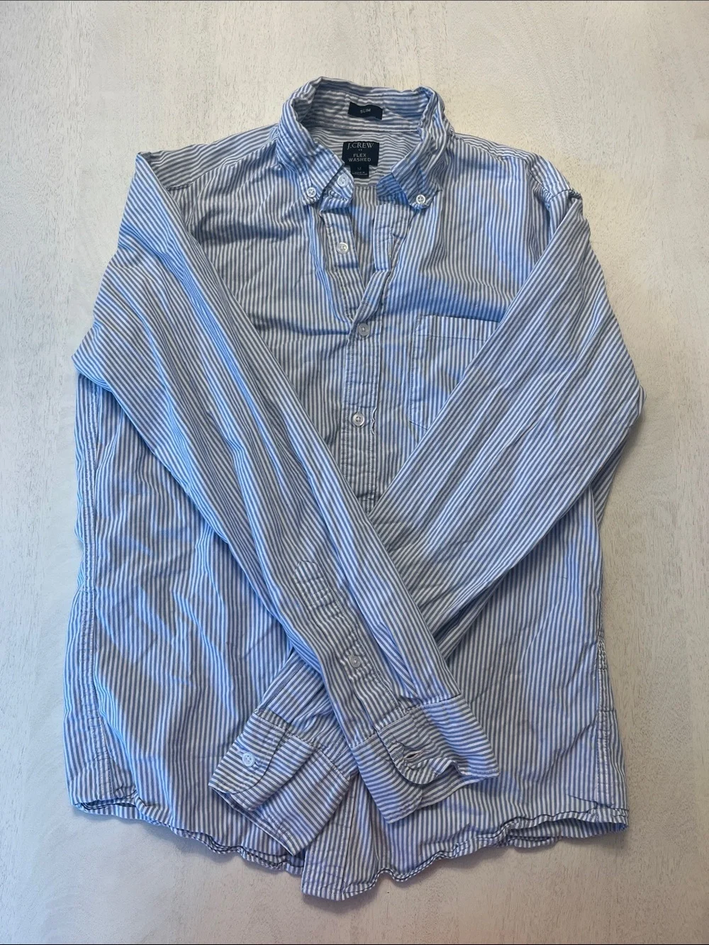J. Crew Men’s Flex Washed Blue and White Narrow Stripe Button-Down Shirt